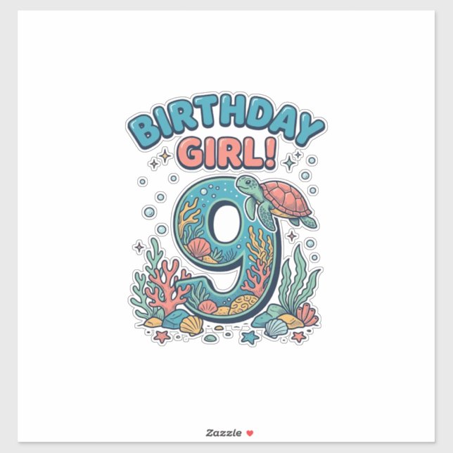 Birthday Girl 9 Ocean Turtle Vector Design_1 Sticker (Sheet)