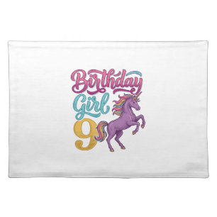 Birthday Girl 9 Unicorn Vintage Engraving Design_1 Cloth Placemat