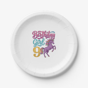Birthday Girl 9 Unicorn Vintage Engraving Design_1 Paper Plates
