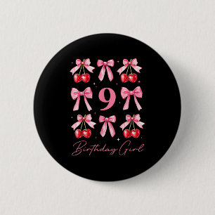 Birthday Girl 9th Birthday Cherry Coquette Bow 9 Y Button