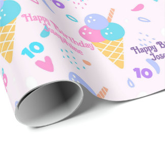 Birthday Girl Add Name and Age Pink Ice Cream Cone Wrapping Paper