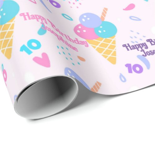 Birthday Girl Add Name and Age Pink Ice Cream Cone Wrapping Paper