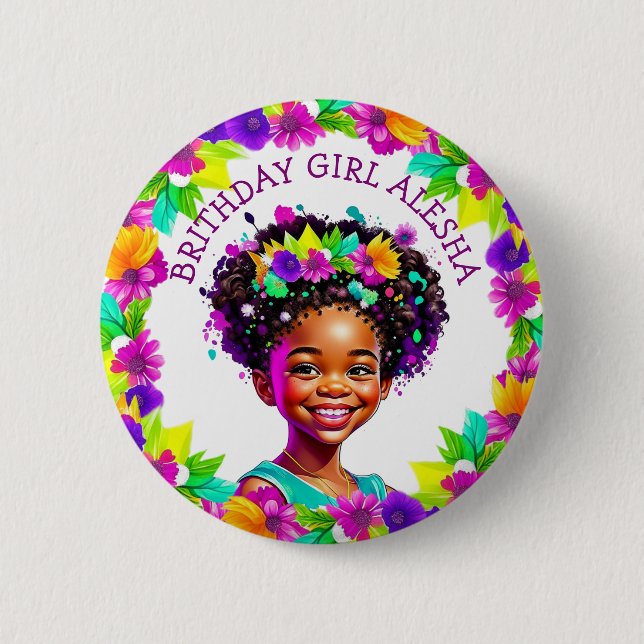 Birthday Girl African-American Girl Personalized Button (Front)