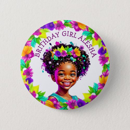 Birthday Girl African_American Girl Personalized Button