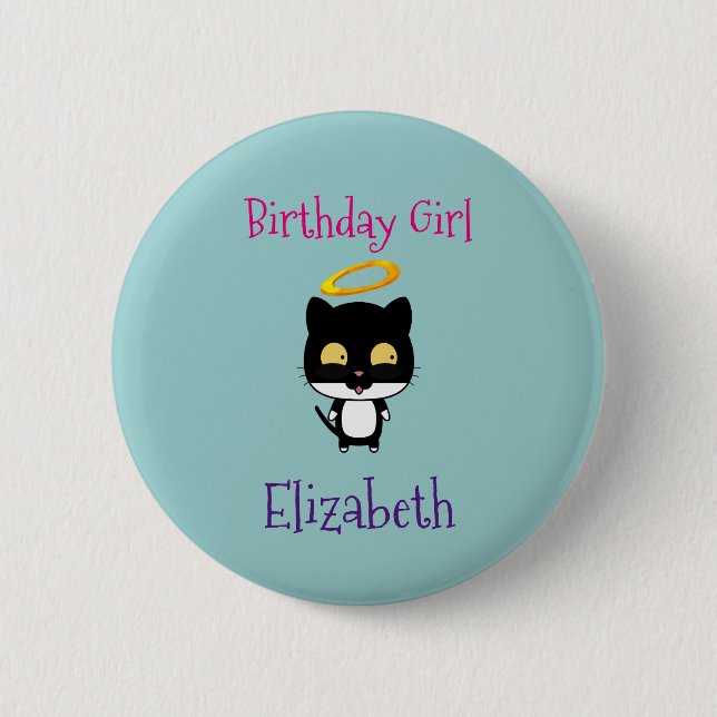 Birthday Girl Angel Halo Kitty Cat Personalized Pinback Button (Front)