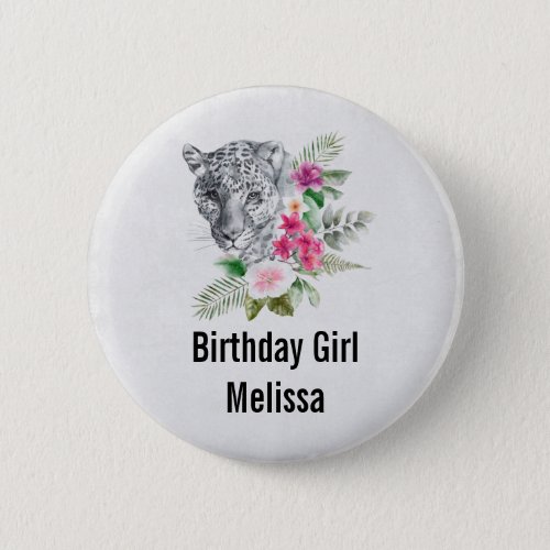 Birthday Girl Beautiful Leopard Head Watercolor Button