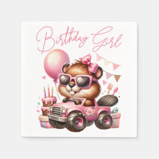 BIRTHDAY GIRL - BEAVER IN A PINK MONSTER TRUCK  NAPKINS