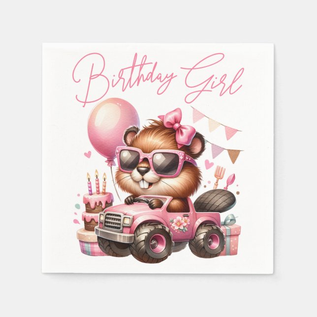 BIRTHDAY GIRL - BEAVER IN A PINK MONSTER TRUCK  NAPKINS (Front)