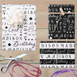 Birthday Girl Black Cute Add A Name Personalized Wrapping Paper Sheets