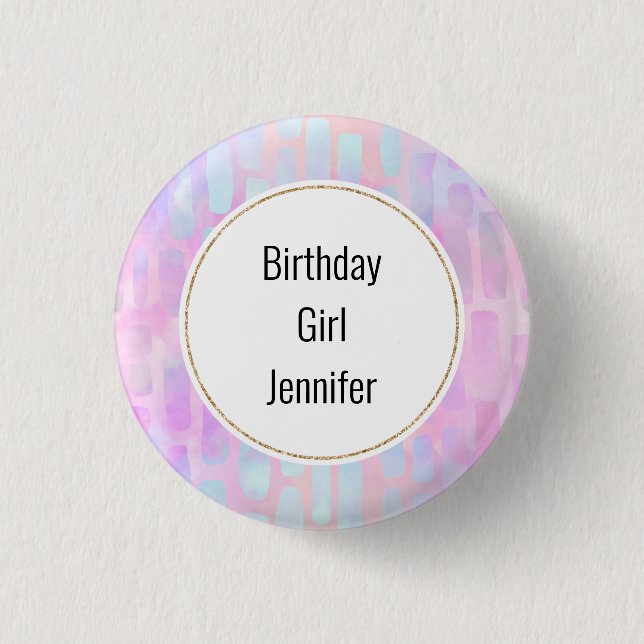 Birthday Girl Blue Rectangle Shapes on Pink Button (Front)