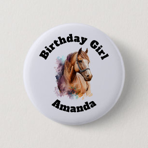 Birthday Girl Brown Horse Head Portrait Button