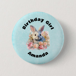 Birthday Girl Bunny with a Garland of Roses Cute Button