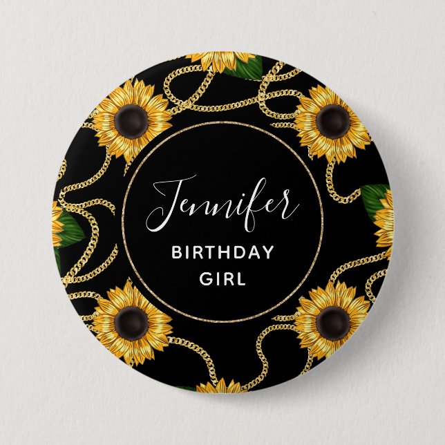 Birthday Girl Classy Yellow Sunflowers Pattern Button (Front)