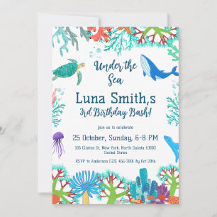 Birthday Girl Colorful Sea Animals Theme Party Invitation
