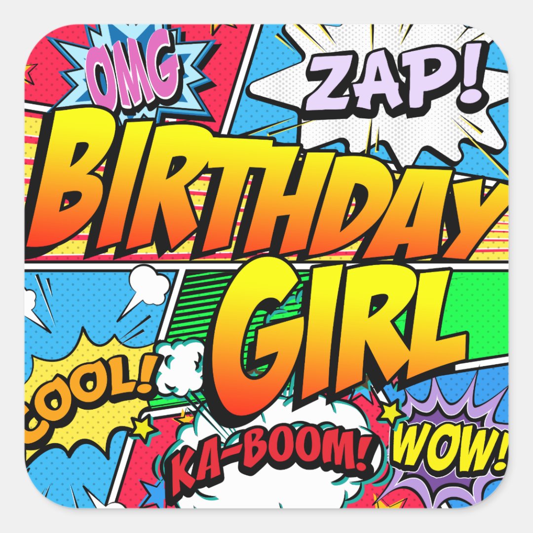 Birthday Girl Comic Book Square Sticker | Zazzle