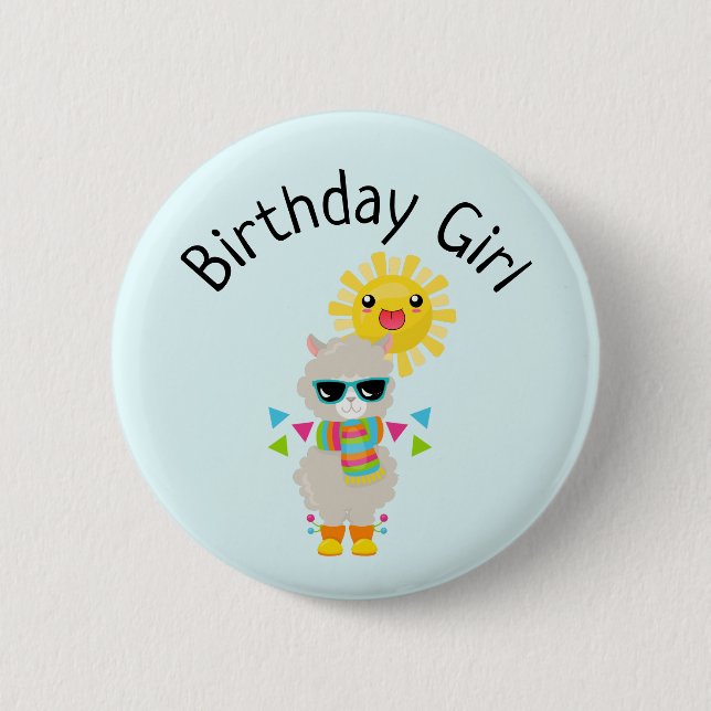 Birthday Girl Cool Llama and Smiling Kawaii Sun Button (Front)