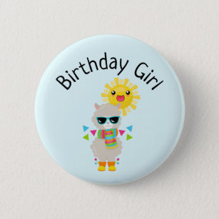 Birthday Girl Cool Llama and Smiling Kawaii Sun Button