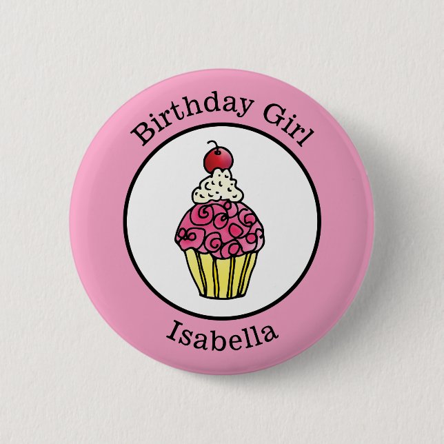 Birthday Girl Cupcake Personalized Pinback Button (Front)