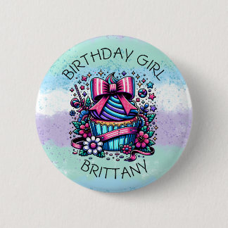 Birthday Girl Cupcake Whimsical Personalized Button
