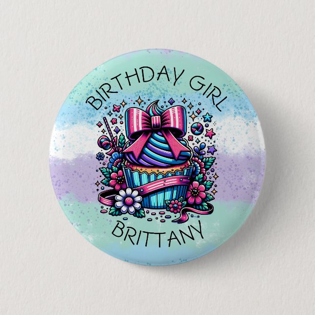 Birthday Girl Cupcake Whimsical Personalized Button (Front)