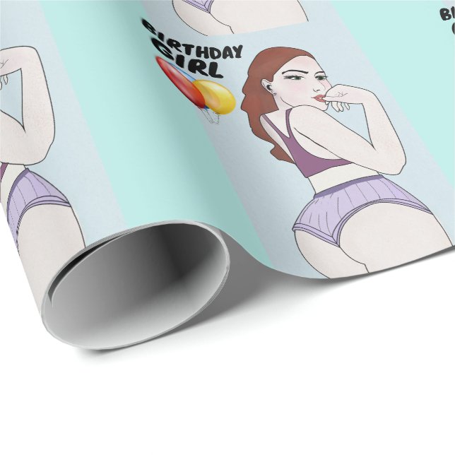BIRTHDAY GIRL CURVY BIG BOTTOMED BRUNETTE  WRAPPING PAPER (Roll Corner)