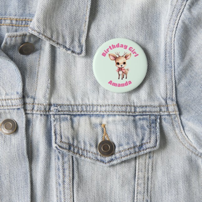 Birthday Girl Cute Baby Deer Cartoon Illustration Button (In Situ)