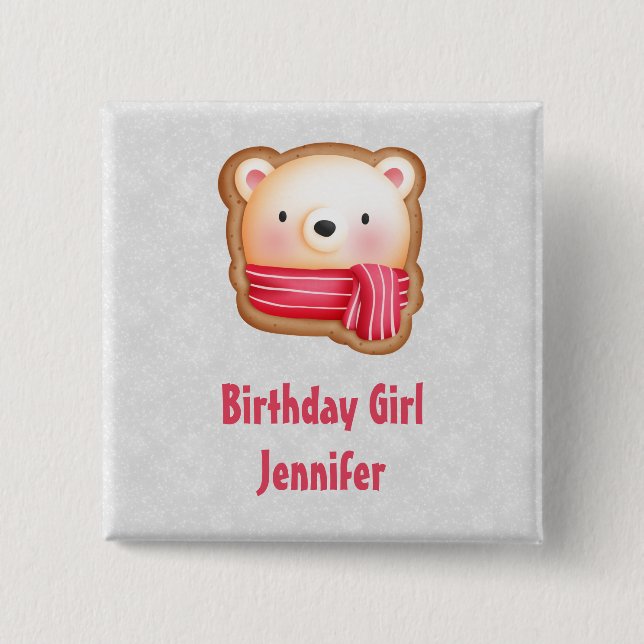 Birthday Girl Cute Bear Face in a Red Scarf Button (Front)