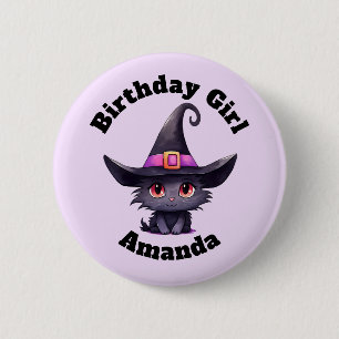 Birthday Girl Cute Black Cat Wearing a Witch's Hat Button