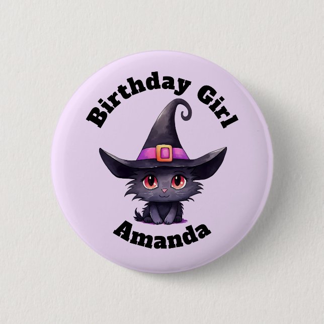 Birthday Girl Cute Black Cat Wearing a Witch's Hat Button (Front)