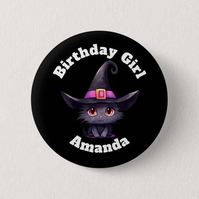 Birthday Girl Cute Black Cat Wearing a Witch's Hat Button (Front)