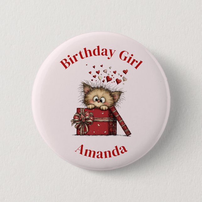 Birthday Girl Cute Cartoon Kitten with Hearts Button (Front)