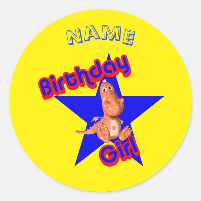 Birthday Girl Cute Dinosaur Personalized Classic Round Sticker (Front)