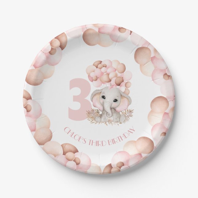 Birthday Girl Cute Elephant Pink Balloons Paper Plates (Front)