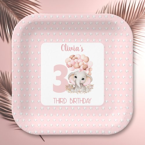 Birthday Girl Cute Elephant Pink Paper Plates