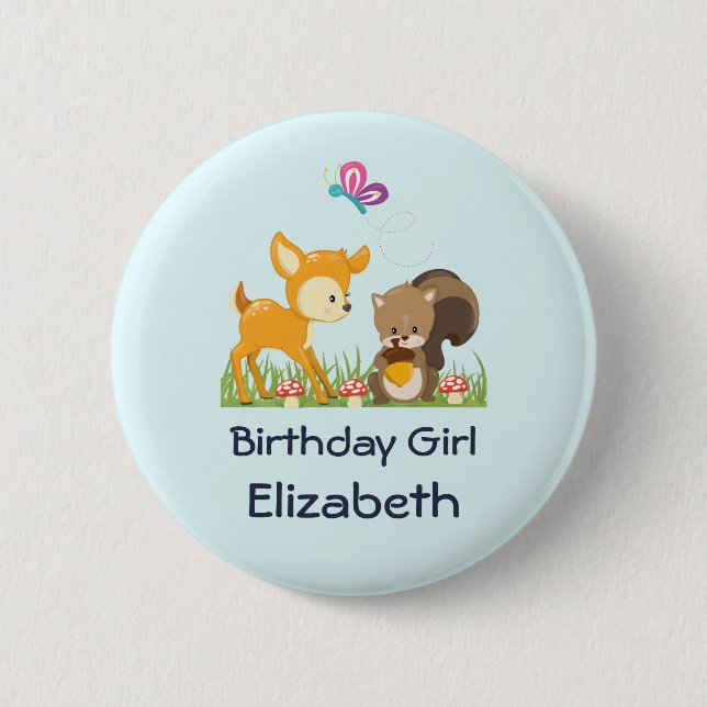 Birthday Girl Cute Forest Animals Button (Front)