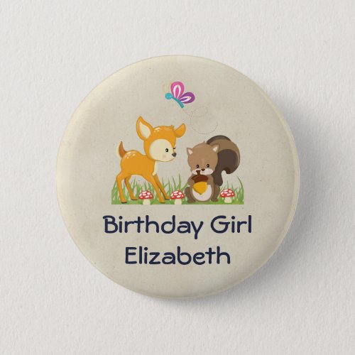 Birthday Girl Cute Forest Animals Button