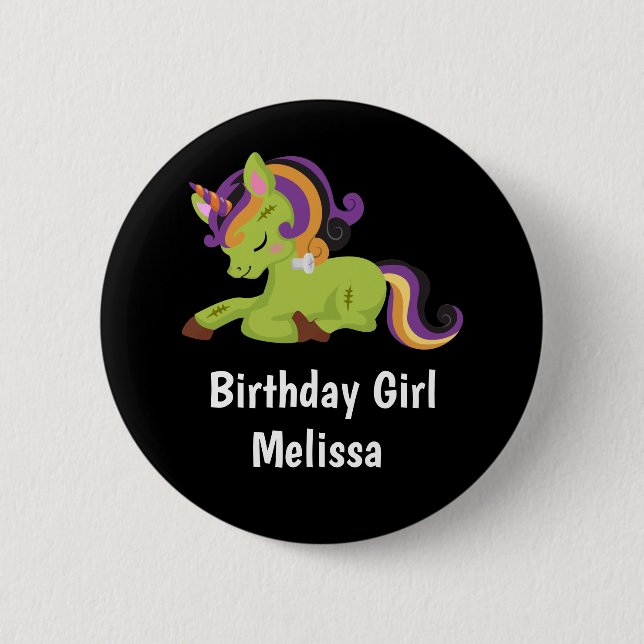 Birthday Girl Cute Frankenstein Unicorn Halloween Button (Front)