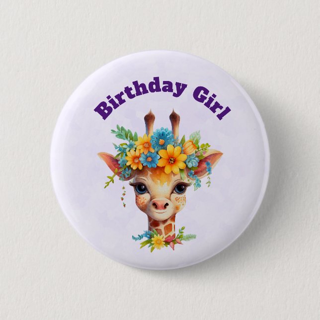 Birthday Girl Cute Giraffe with Floral Crown Button (Front)