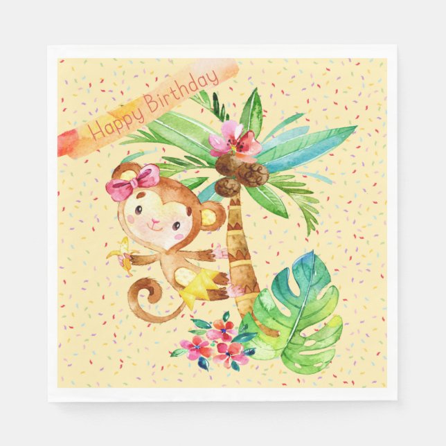 Birthday Girl, Cute Little Monkey Napkins (Front)