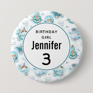 Birthday Girl Cute Nautical Whales Pattern Button