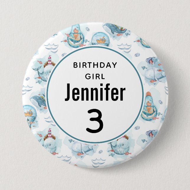 Birthday Girl Cute Nautical Whales Pattern Button (Front)