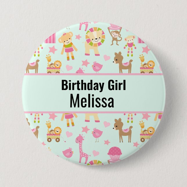 Birthday Girl Cute Pattern with Animals & Toys Button (Front)