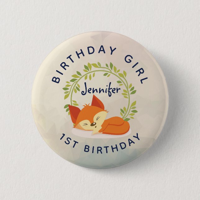 Birthday Girl Cute Sleeping Orange Fox Button (Front)
