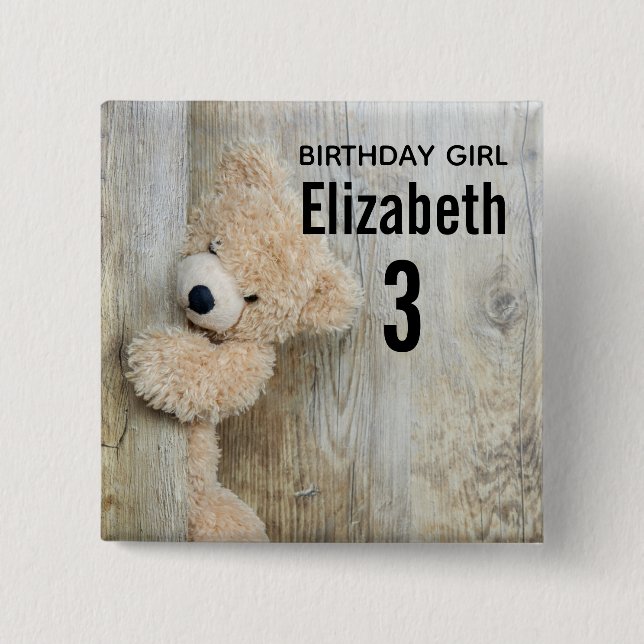 Birthday Girl Cute Stuffed Bear Photo Button (Front)