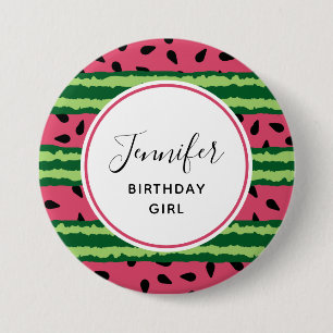 Birthday Girl Cute Watermelon Pattern Pink & Green Button