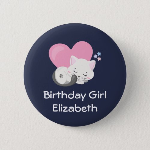 Birthday Girl Cute White Kitty Cat Sleeping Button