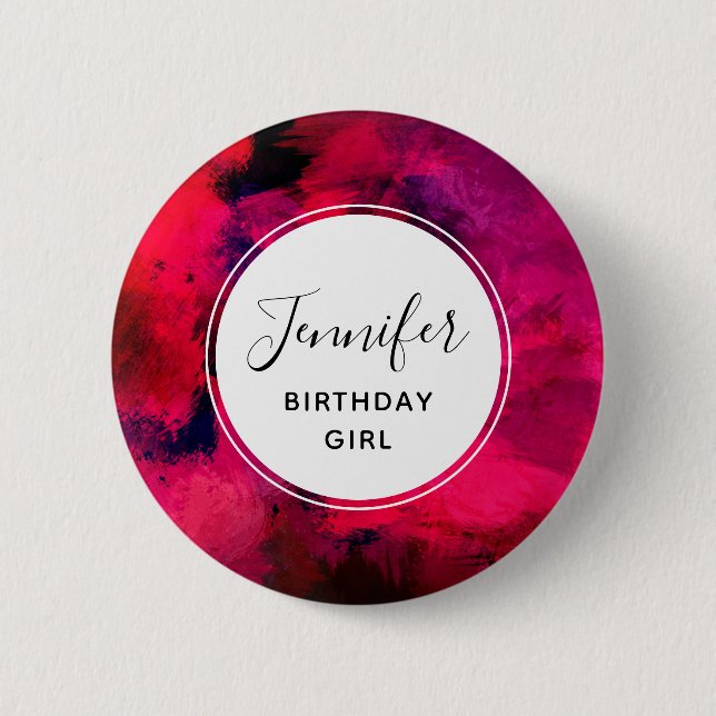 Birthday Girl Dark Red and Purple Modern Abstract Button (Front)