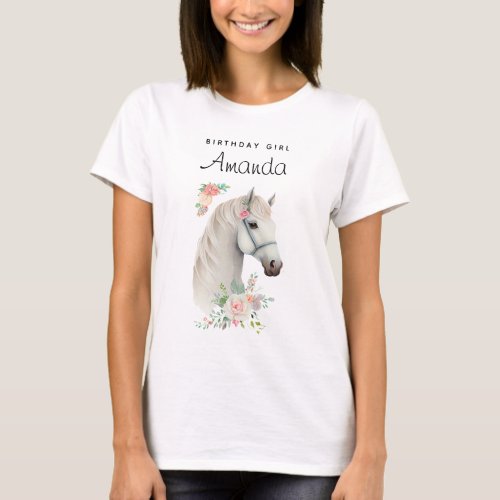 Birthday Girl Elegant White Horse Boho Floral T_Shirt