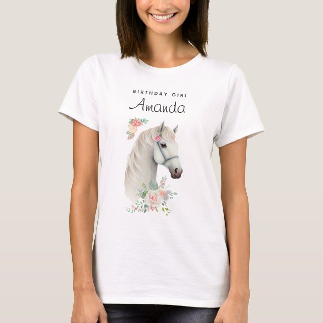 Birthday Girl Elegant White Horse Boho Floral T-Shirt (Front)