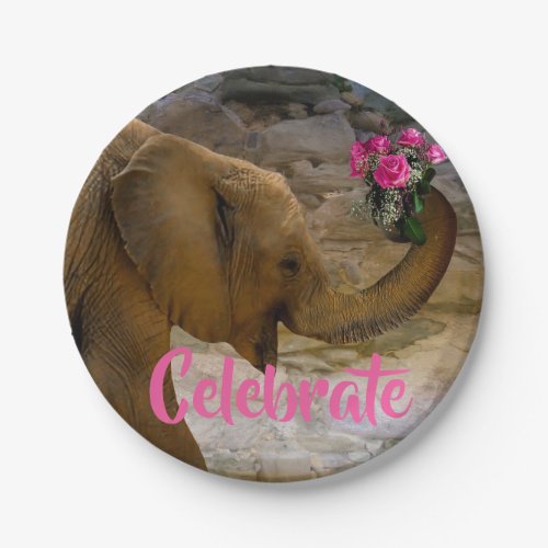 Birthday Girl Elephant Pink Floral Paper Plates